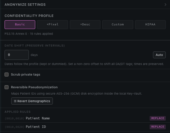 dcmage anonymize settings panel with PS3.15 profiles and applied rules