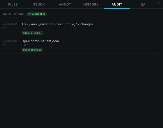 dcmage audit chain showing real hash-chained operation log
